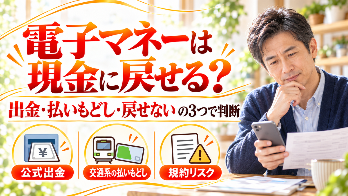 電子マネーの現金化は出金・払いもどし・使い切りの3択！種類別の可否と手数料・規約リスク