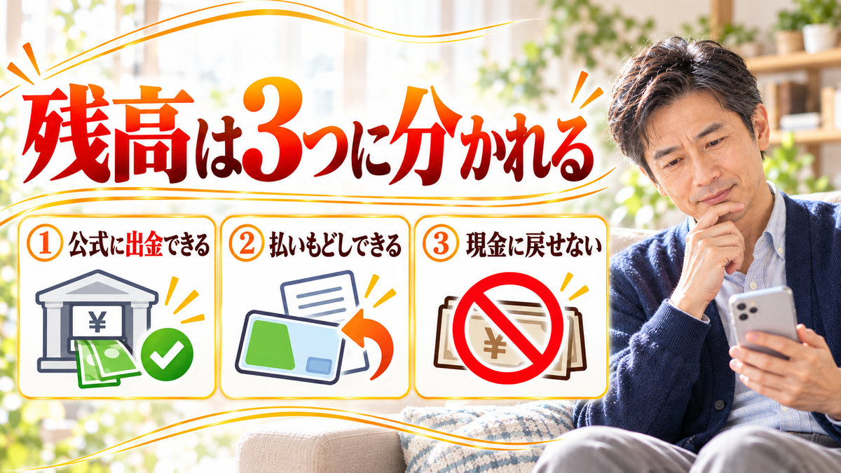 電子マネーの残高は3つに分かれる 公式に出金できる・払いもどしできる・現金に戻せない