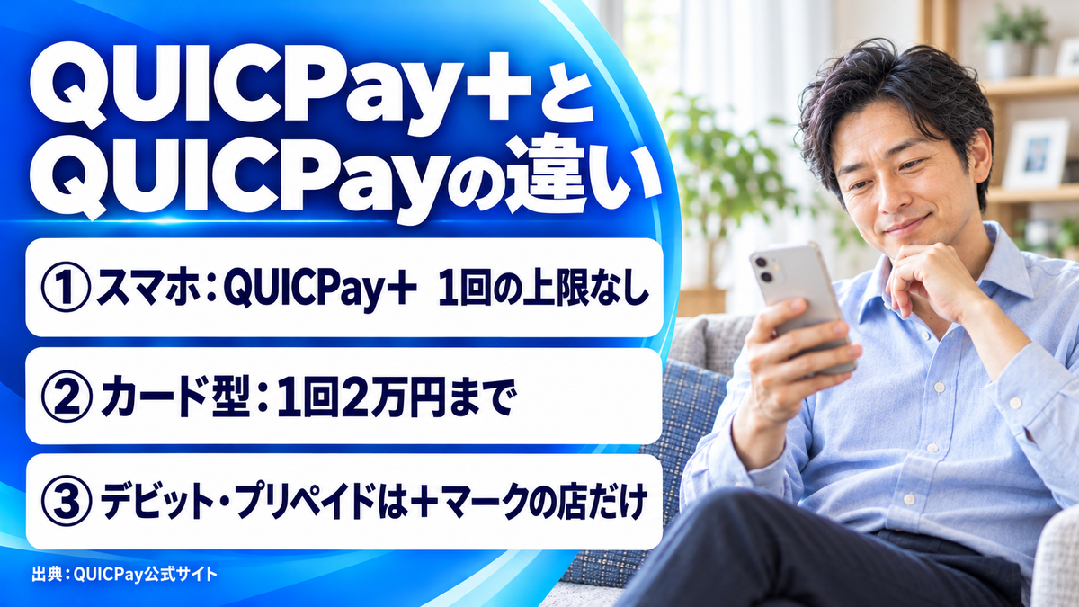QUICPay＋とQUICPayの違い 1回の上限とデビット・プリペイドの使える店